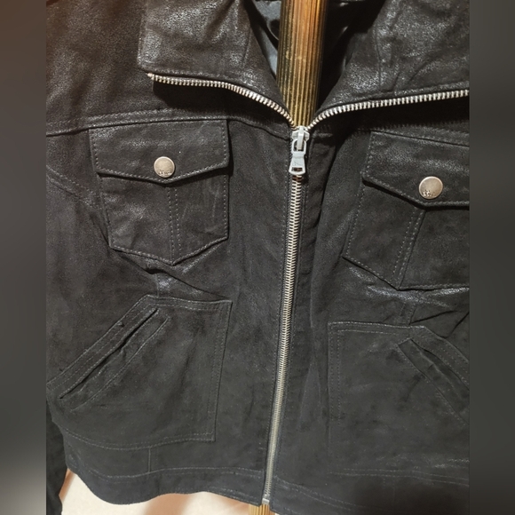 Levi's Vintage Black Distressed Suede Leather Moto Jacket Pocket Petite XL - Picture 8 of 9